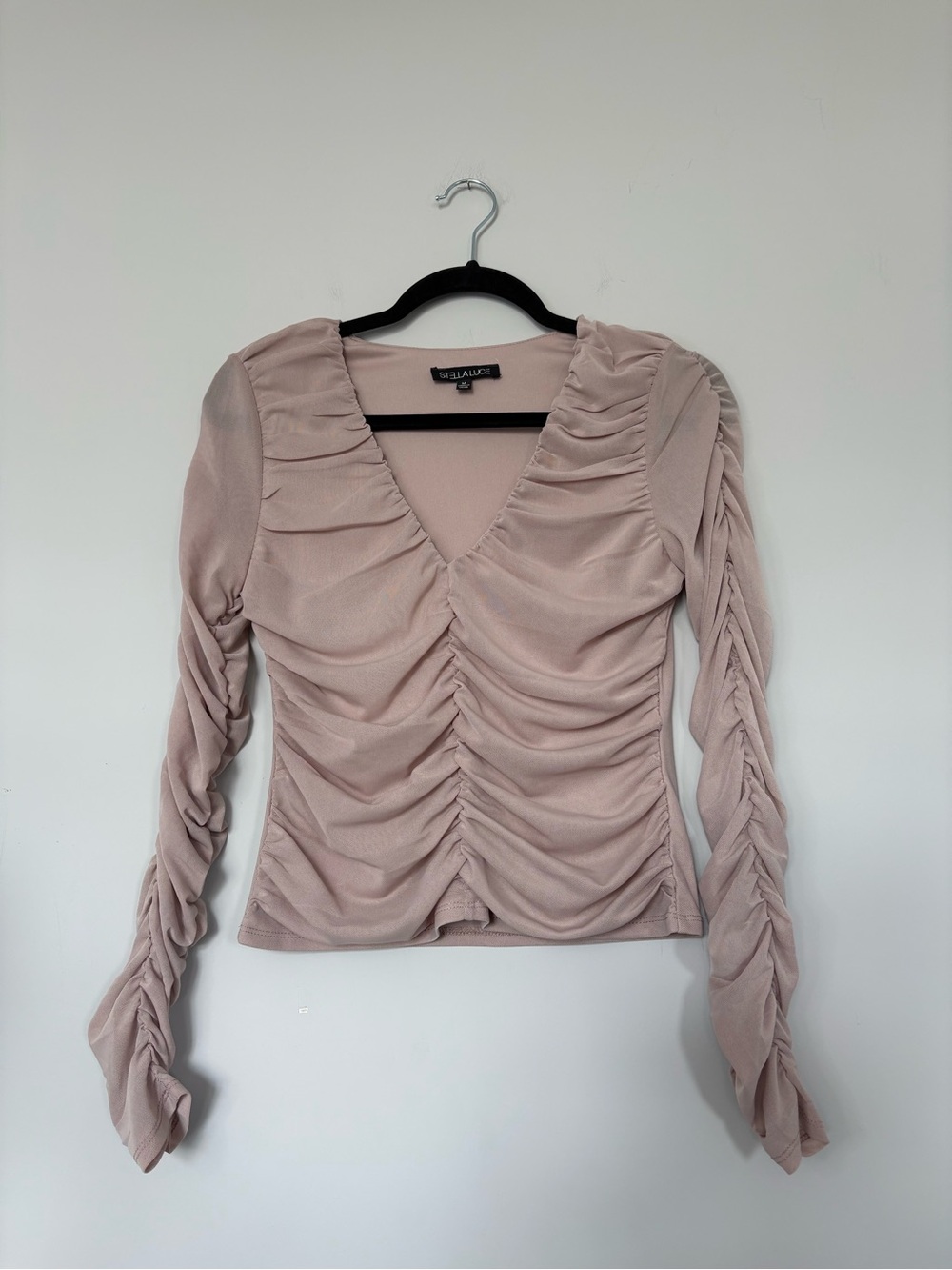Stella Luce Sheer Ruched Long Sleeve Blouse Mauve Size M V-Neckline Fitted